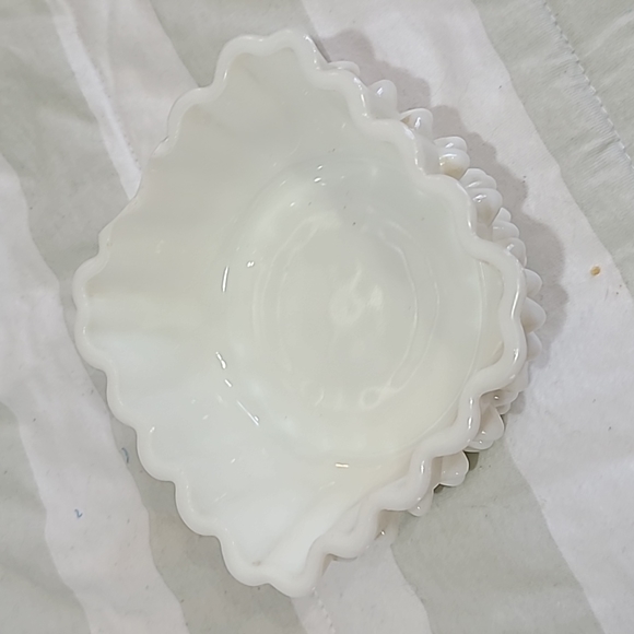 Fenton Accents Vintage 96s Fenton Milk Glass Hobnail Ruffled Four Square Decorative Dish